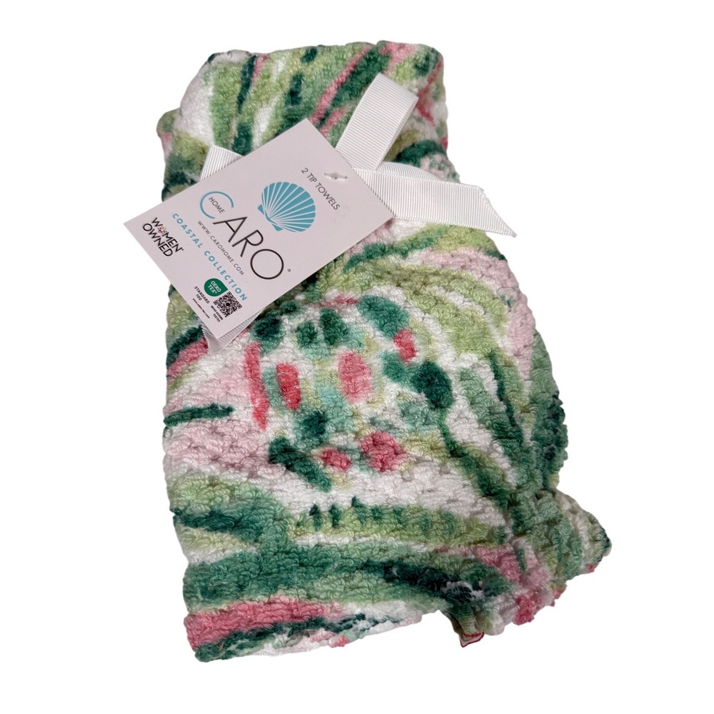 Caro Home Coastal Collection 2 Tip Towels Green Pink Floral Palm Leaf OEKO-TEX